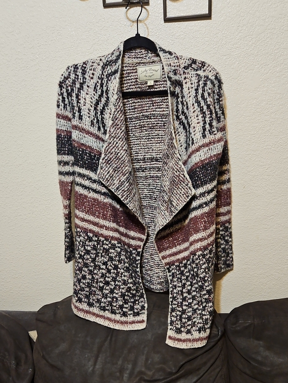 Lucky Brand Wool Blend Draped Open-Front Cardigan in Cream, Black & Brown